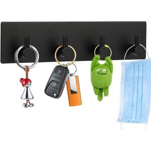 Adhesive Stainless Steel Key Hooks Towel Hook Coat Hanger Four Rows Black 1PCS